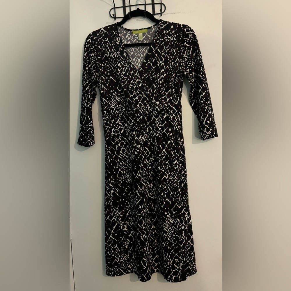 Sigrid Olsen Womens XS Faux Wrap Dress Black White Burgundy Geometric Print